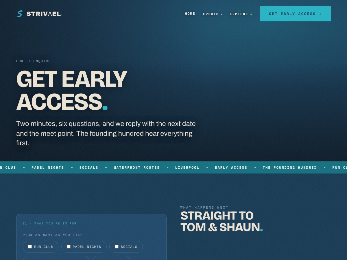 The Strivael early-access enquiry form: six questions, two minutes