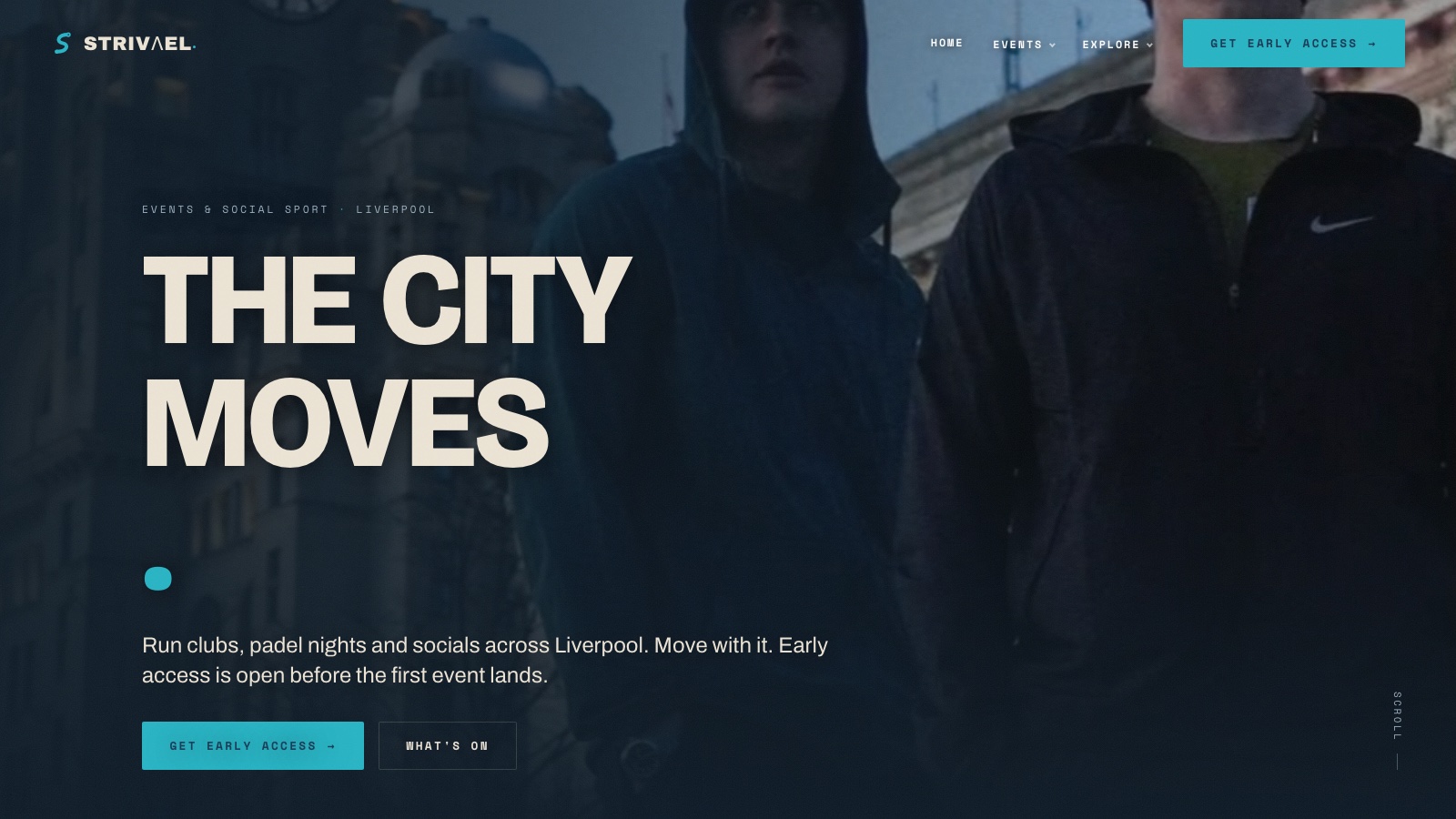 The live Strivael homepage: run clubs, padel nights and socials across Liverpool