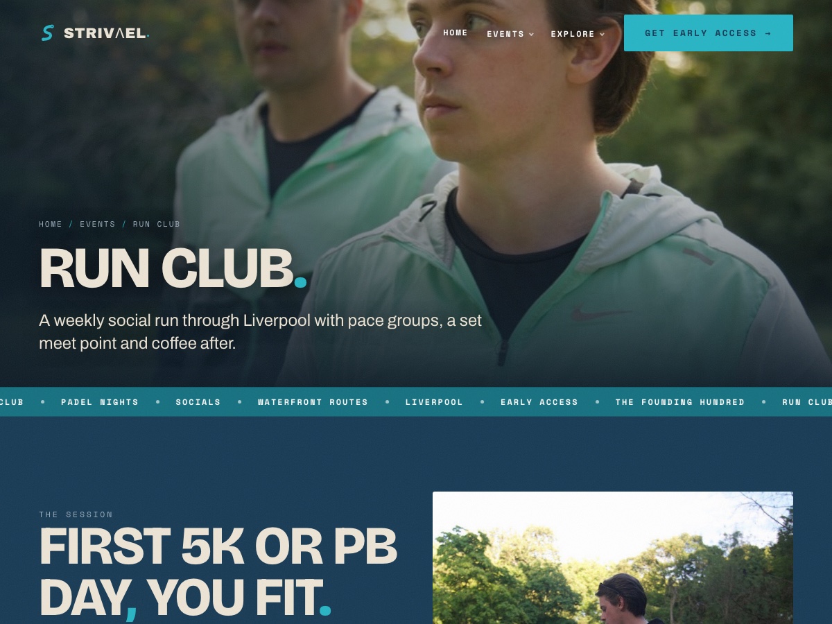 The Strivael run club page: pace groups and session details