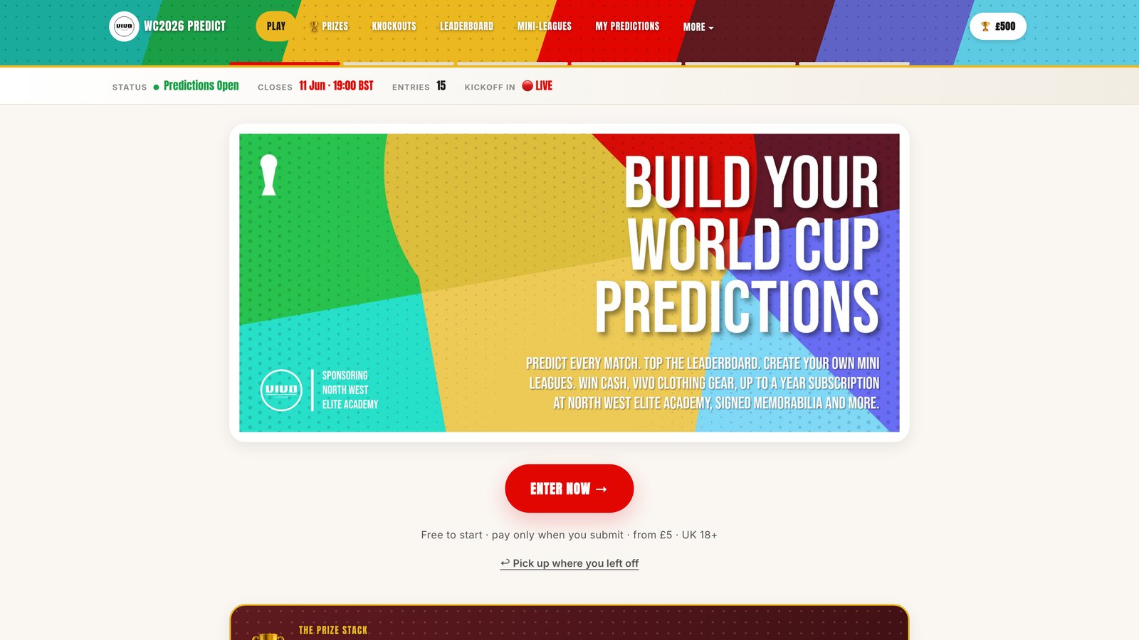 The prediction game homepage before kick-off: predictions open, entries from £5